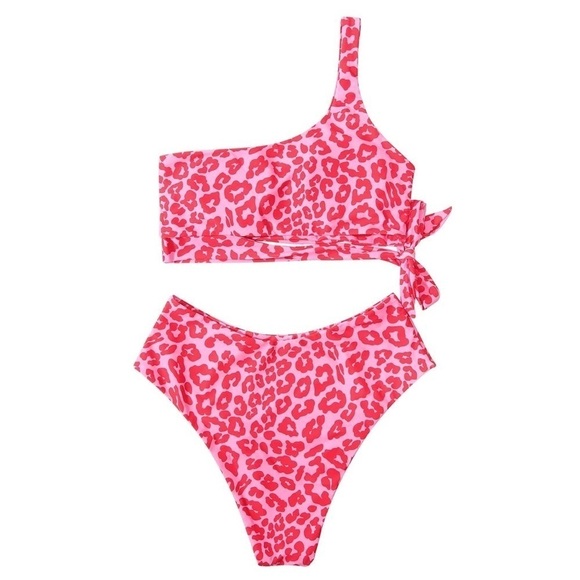 Pink Leopard One Shoulder High Waisted Bikini Tie High Cut Two Piece Swimsuits L - Picture 6 of 12